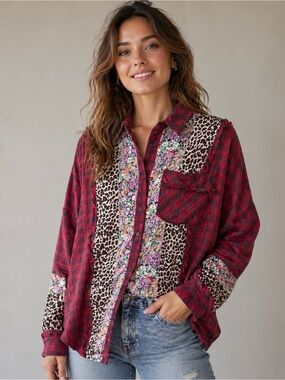 Oddy Womens Small Red Plaid Floral Animal Print Blouse